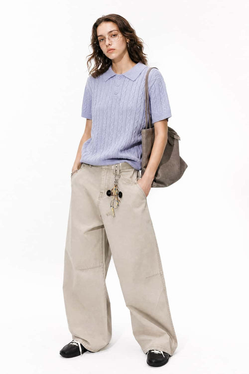 Cable-Knit Short-Sleeve Polo in Blue - full-length front modeled view