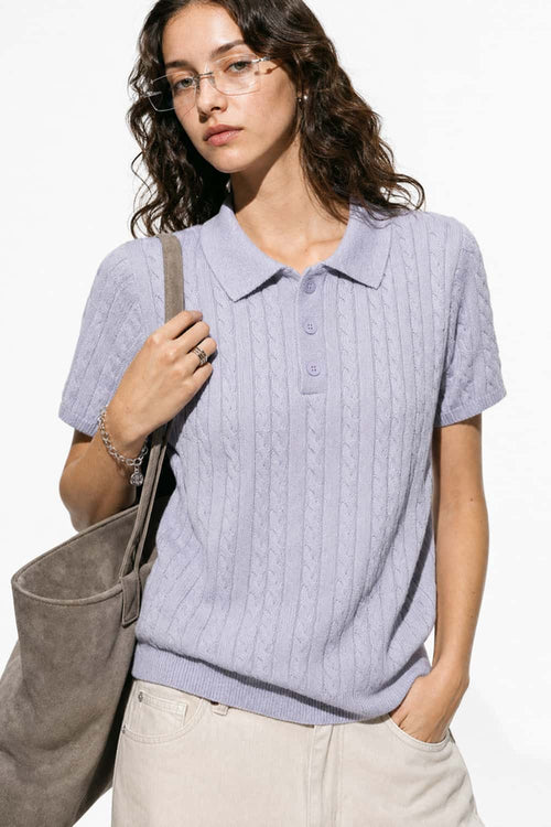 Cable-Knit Short-Sleeve Polo in Blue - front modeled close-up