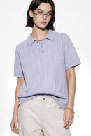 Cable-Knit Short-Sleeve Polo in Blue - front modeled view