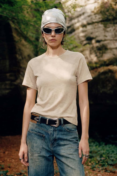 Antibacterial Lyocell-Blend Crew-Neck T-Shirt in Apricot - front modeled close-up