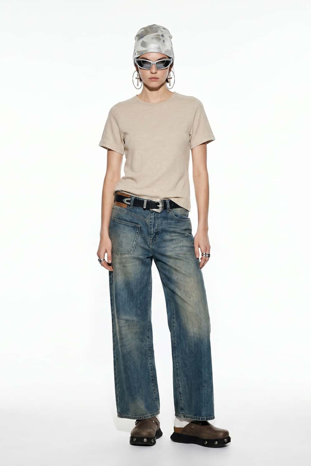 Antibacterial Lyocell-Blend Crew-Neck T-Shirt in Apricot - full-length front modeled view