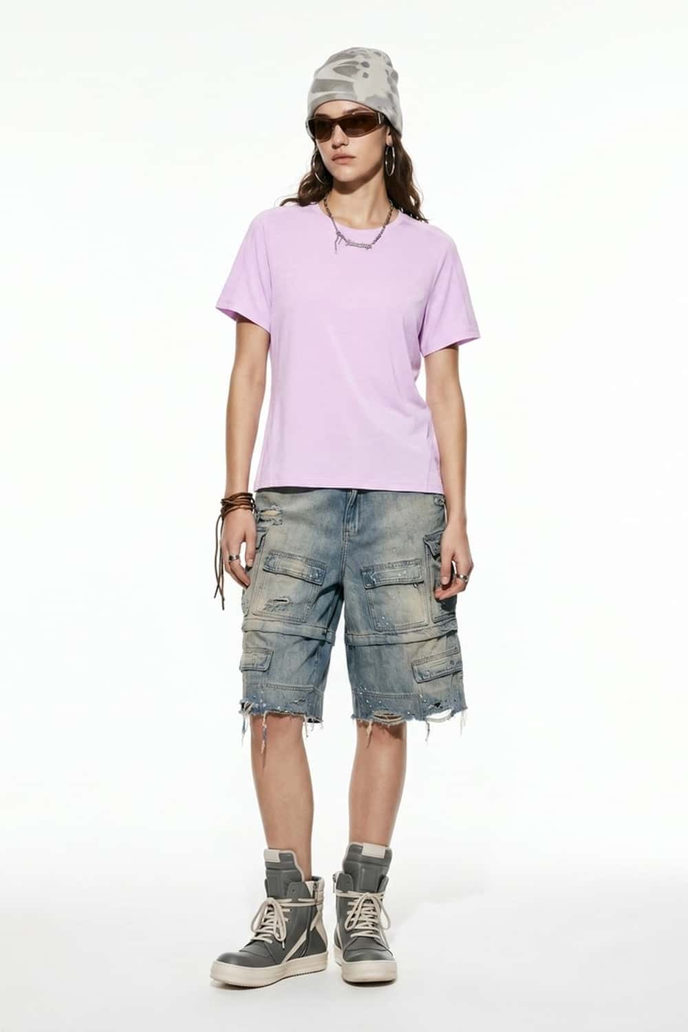 Antibacterial Lyocell-Blend Crew-Neck T-Shirt in Light Purple - full-length front modeled view