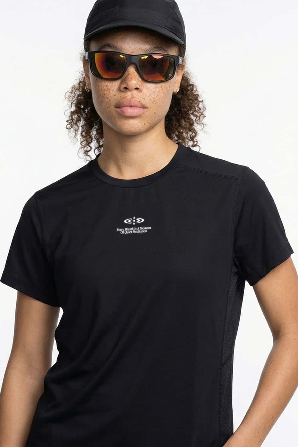 Quick-Dry Mesh Panel Athletic T-Shirt in Black - full-length front modeled view