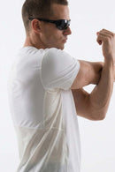 Quick-Dry Mesh Panel Athletic T-Shirt in White - full-length back modeled view