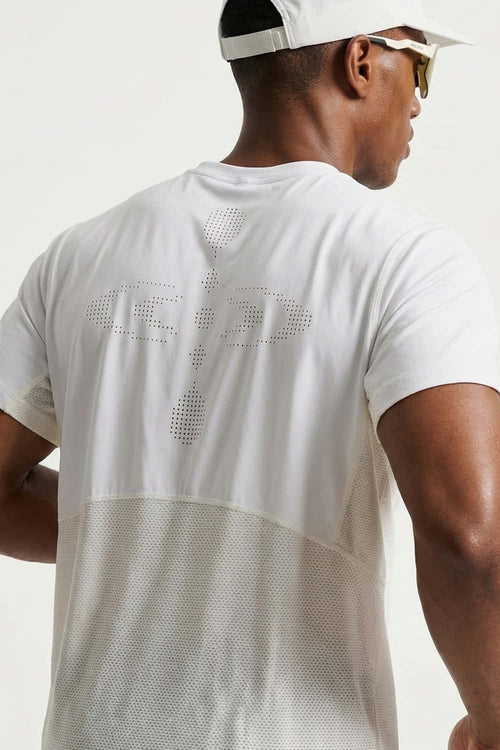 Quick-Dry Mesh Panel Athletic T-Shirt in White - full-length back modeled view