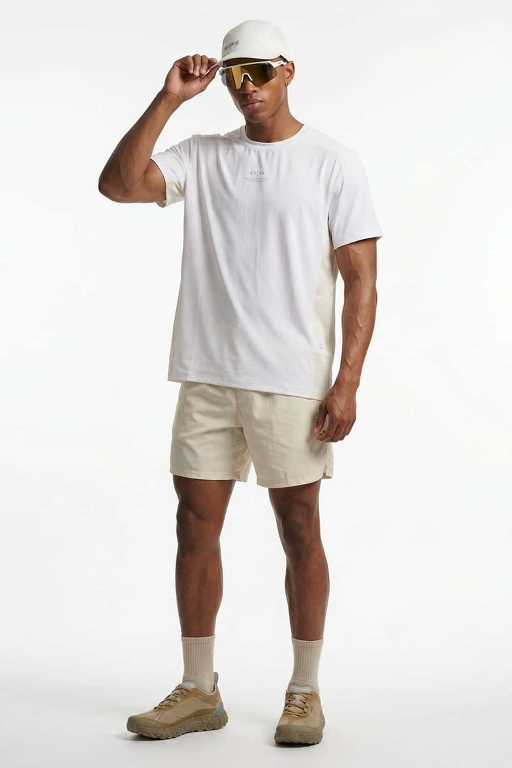 Quick-Dry Mesh Panel Athletic T-Shirt in White - full-length front modeled view