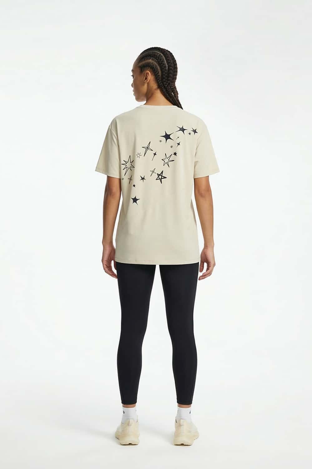 Reflective Star-Graphic Performance T-Shirt in Light Khaki - full-length back modeled view