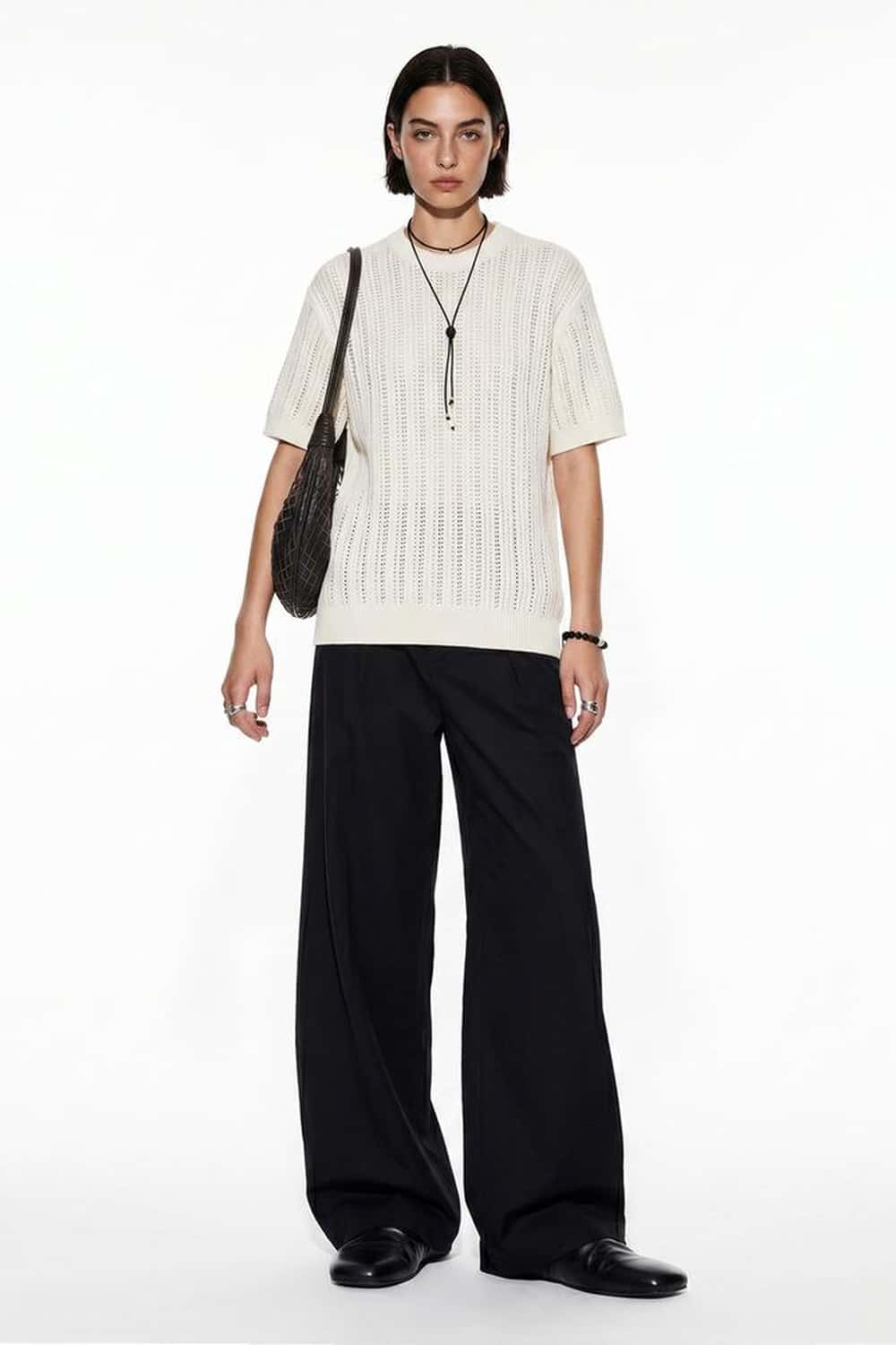 Openwork Textured Knit T-Shirt in Apricot - full-length front modeled view