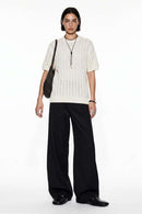 Openwork Textured Knit T-Shirt in Apricot - full-length front modeled view