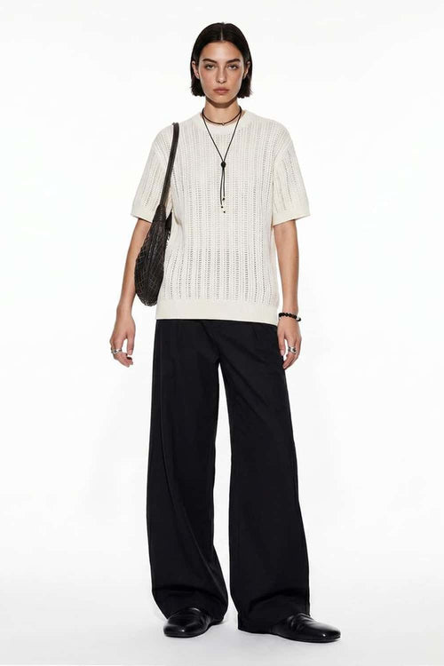 Openwork Textured Knit T-Shirt in Apricot - full-length front modeled view