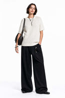 Openwork Textured Knit T-Shirt in Apricot - full-length front modeled view