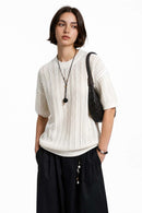 Openwork Textured Knit T-Shirt in Apricot - front modeled close-up
