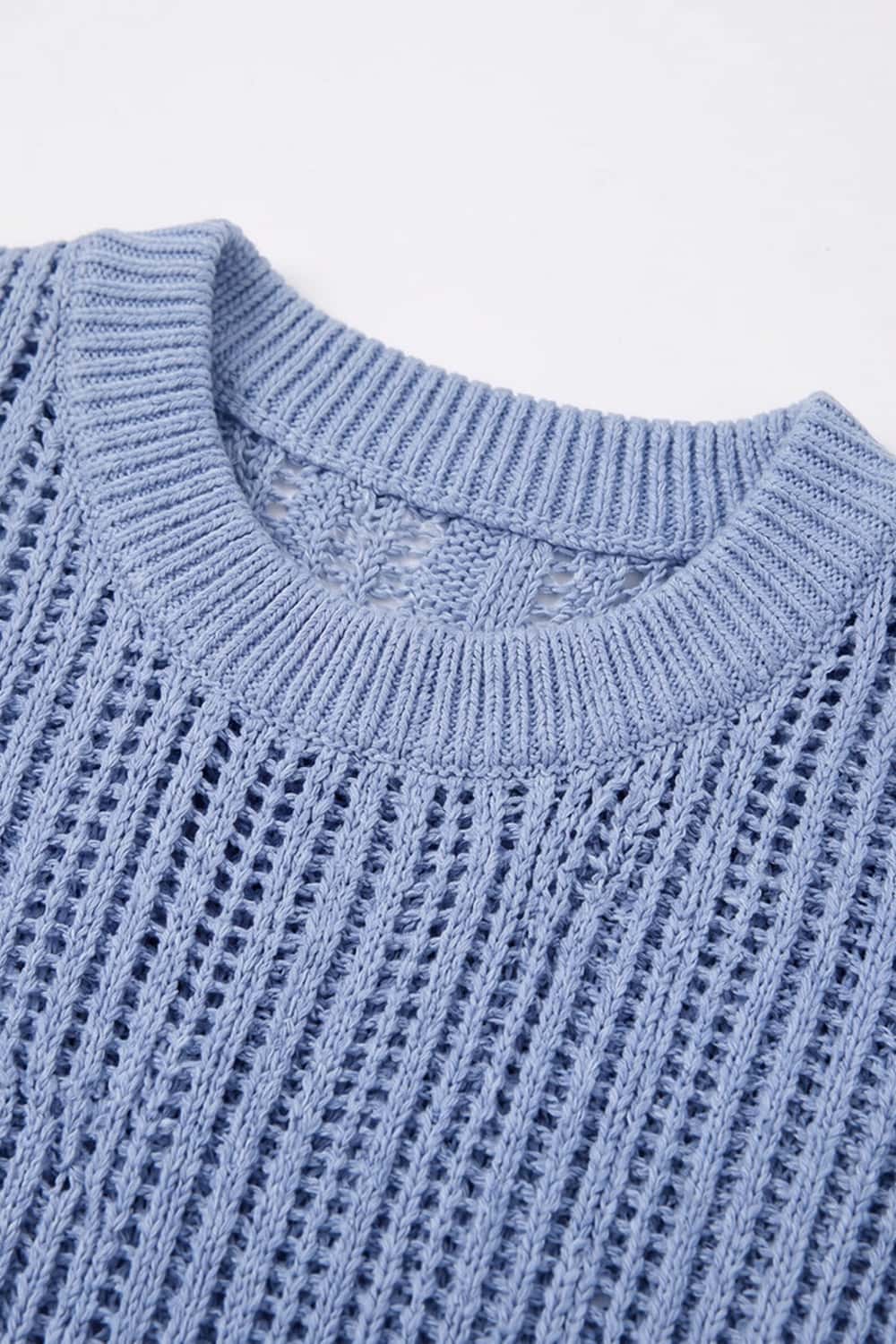 Openwork Textured Knit T-Shirt in Blue - collar detail