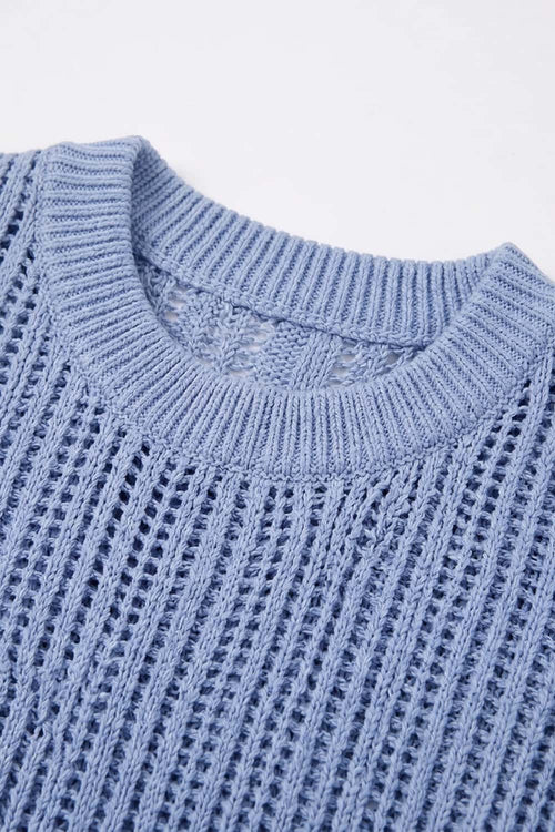 Openwork Textured Knit T-Shirt in Blue - collar detail