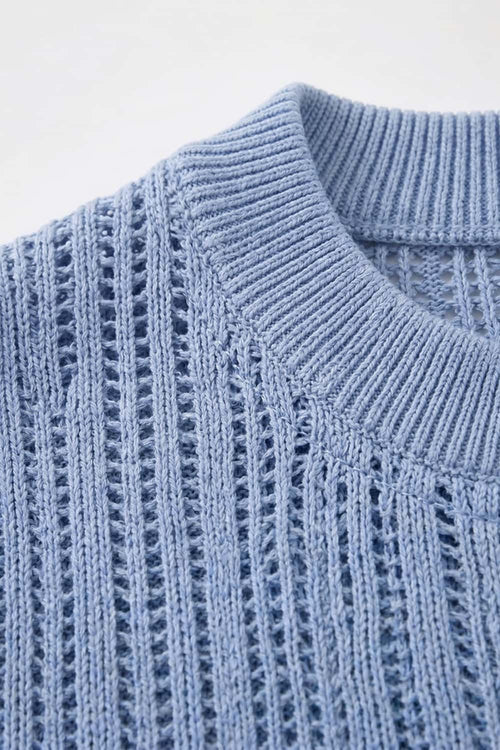 Openwork Textured Knit T-Shirt in Blue - collar detail