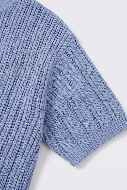 Openwork Textured Knit T-Shirt in Blue - cuff detail