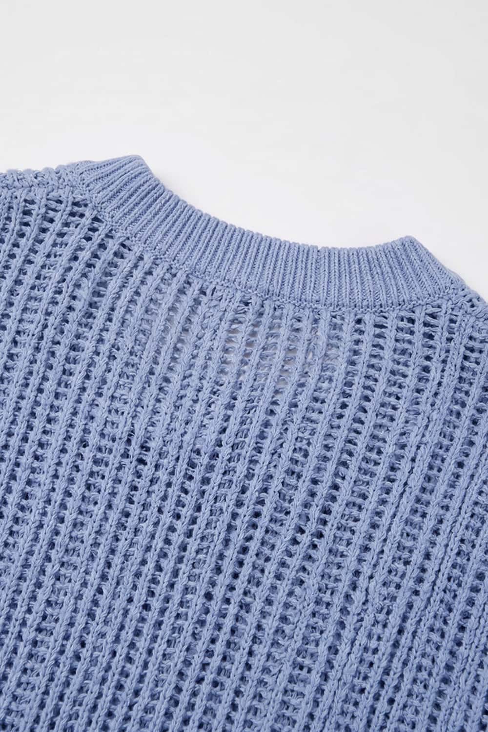 Openwork Textured Knit T-Shirt in Blue - back collar detail