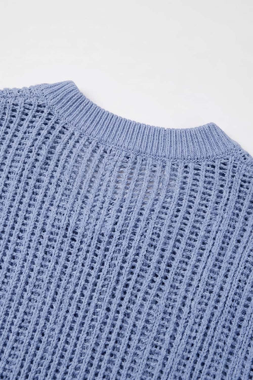 Openwork Textured Knit T-Shirt in Blue - back collar detail