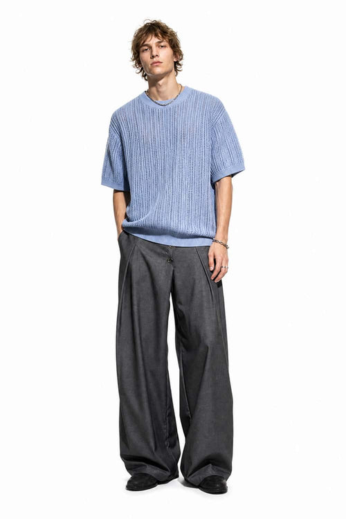 Openwork Textured Knit T-Shirt in Blue - full-length front modeled view