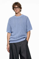 Openwork Textured Knit T-Shirt in Blue - front modeled close-up