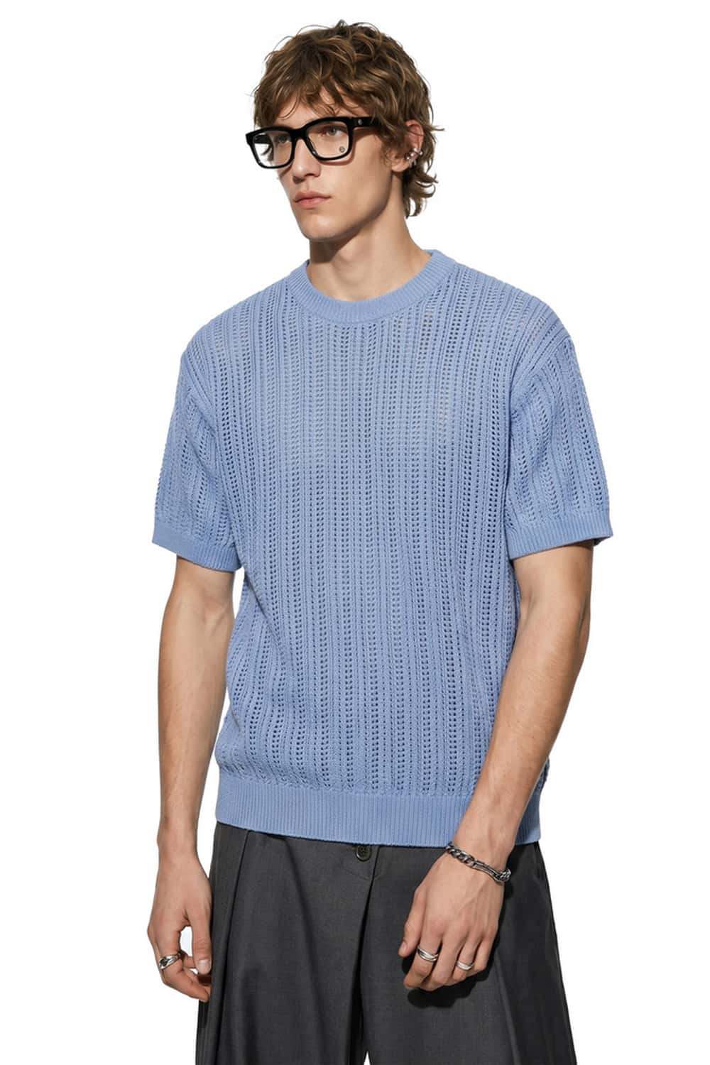 Openwork Textured Knit T-Shirt in Blue - front modeled close-up