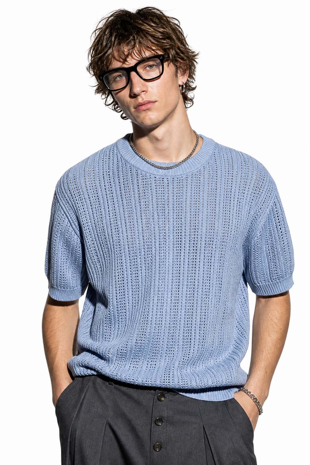 Openwork Textured Knit T-Shirt in Blue - front modeled close-up