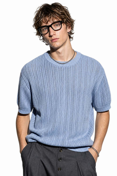 Openwork Textured Knit T-Shirt in Blue - front modeled close-up