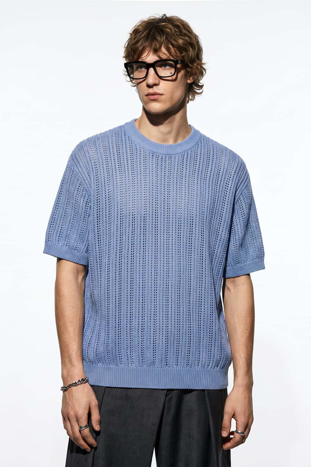 Openwork Textured Knit T-Shirt in Blue - product detail close-up