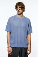 Openwork Textured Knit T-Shirt in Blue - product detail close-up