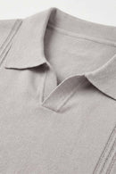 Open-Neck Knit Polo with Raised Stripes in Gray - collar detail