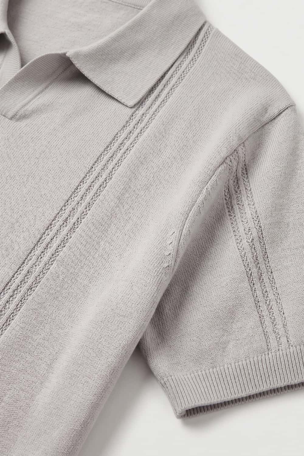 Open-Neck Knit Polo with Raised Stripes in Gray - product detail close-up