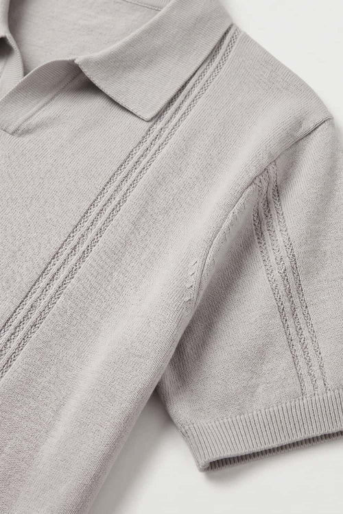 Open-Neck Knit Polo with Raised Stripes in Gray - product detail close-up