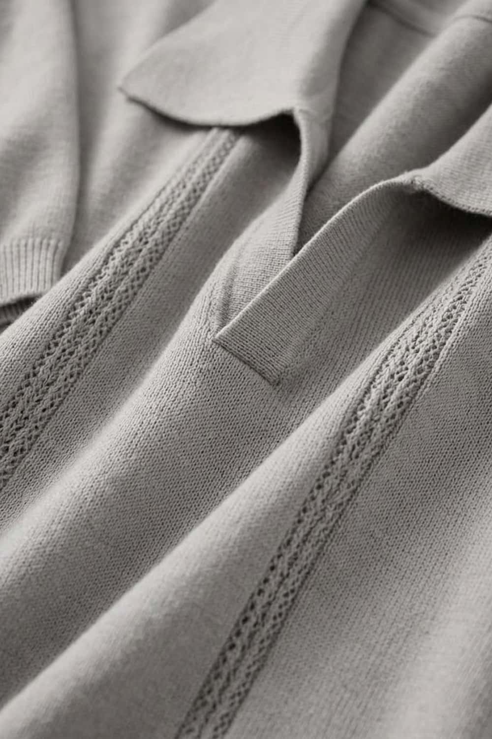Open-Neck Knit Polo with Raised Stripes in Gray - fabric texture close-up