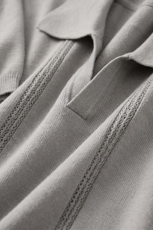 Open-Neck Knit Polo with Raised Stripes in Gray - fabric texture close-up