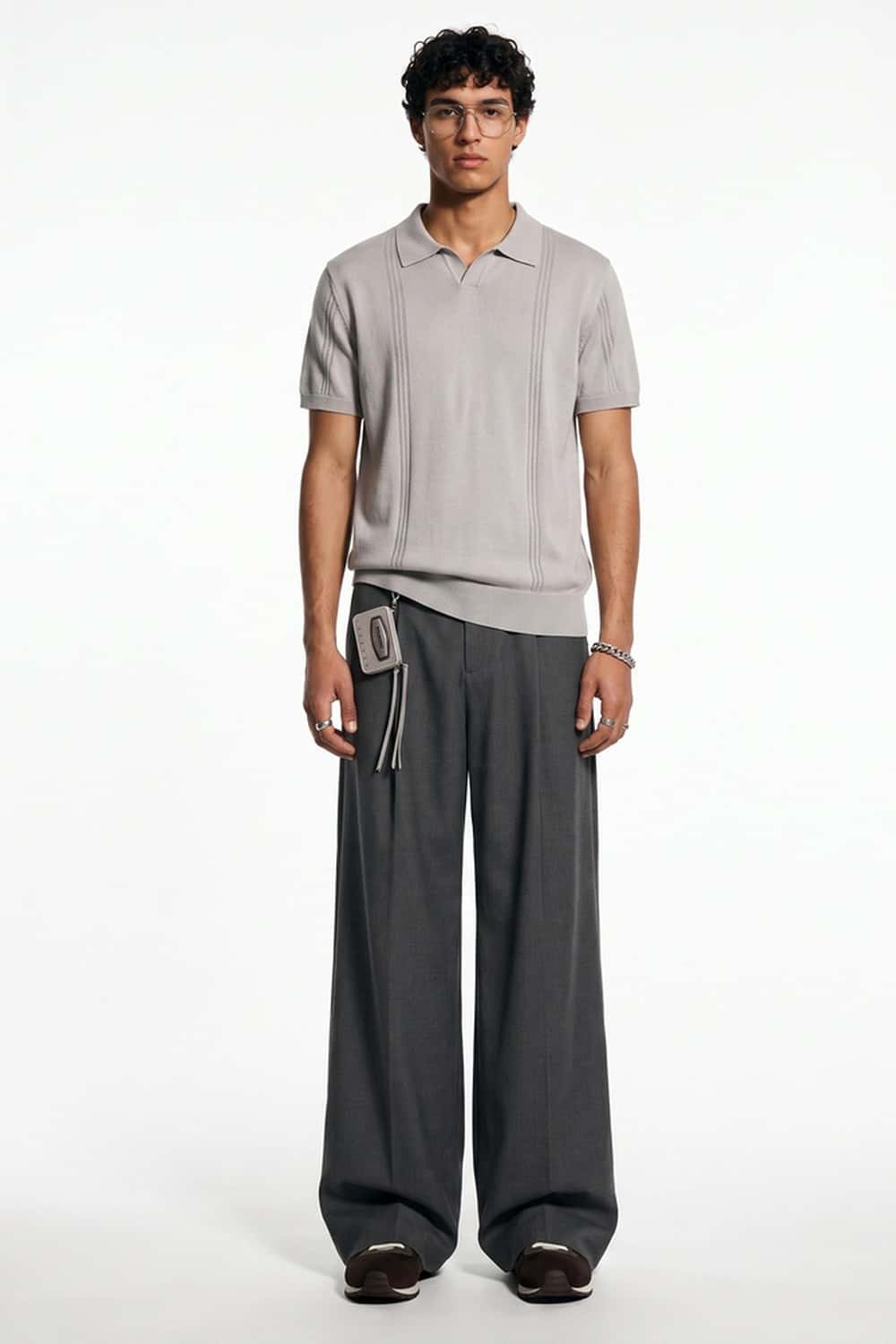 Open-Neck Knit Polo with Raised Stripes in Gray - full-length front modeled view