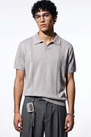 Open-Neck Knit Polo with Raised Stripes in Gray - full-length front modeled view