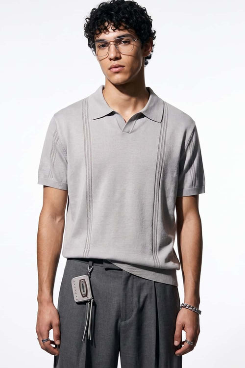 Open-Neck Knit Polo with Raised Stripes in Gray - full-length front modeled view