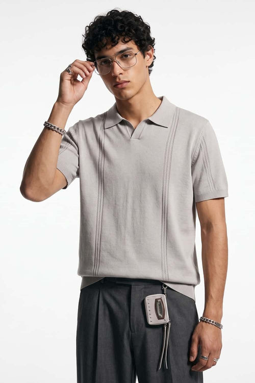 Open-Neck Knit Polo with Raised Stripes in Gray - three-quarter front modeled view