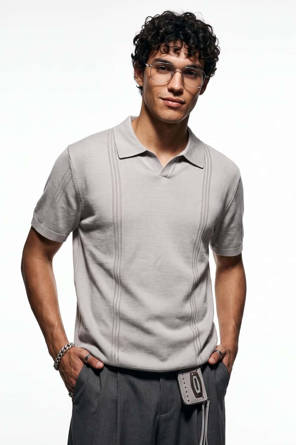 Open-Neck Knit Polo with Raised Stripes in Gray - full-length front modeled view