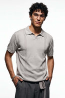 Open-Neck Knit Polo with Raised Stripes in Gray - full-length front modeled view