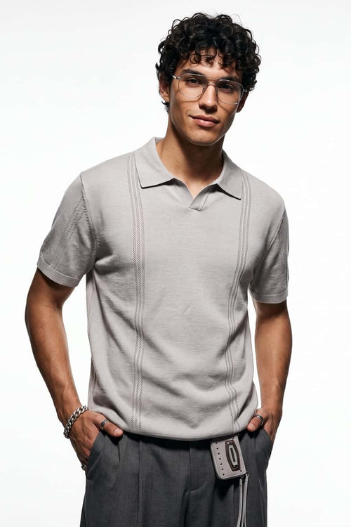 Open-Neck Knit Polo with Raised Stripes in Gray - full-length front modeled view
