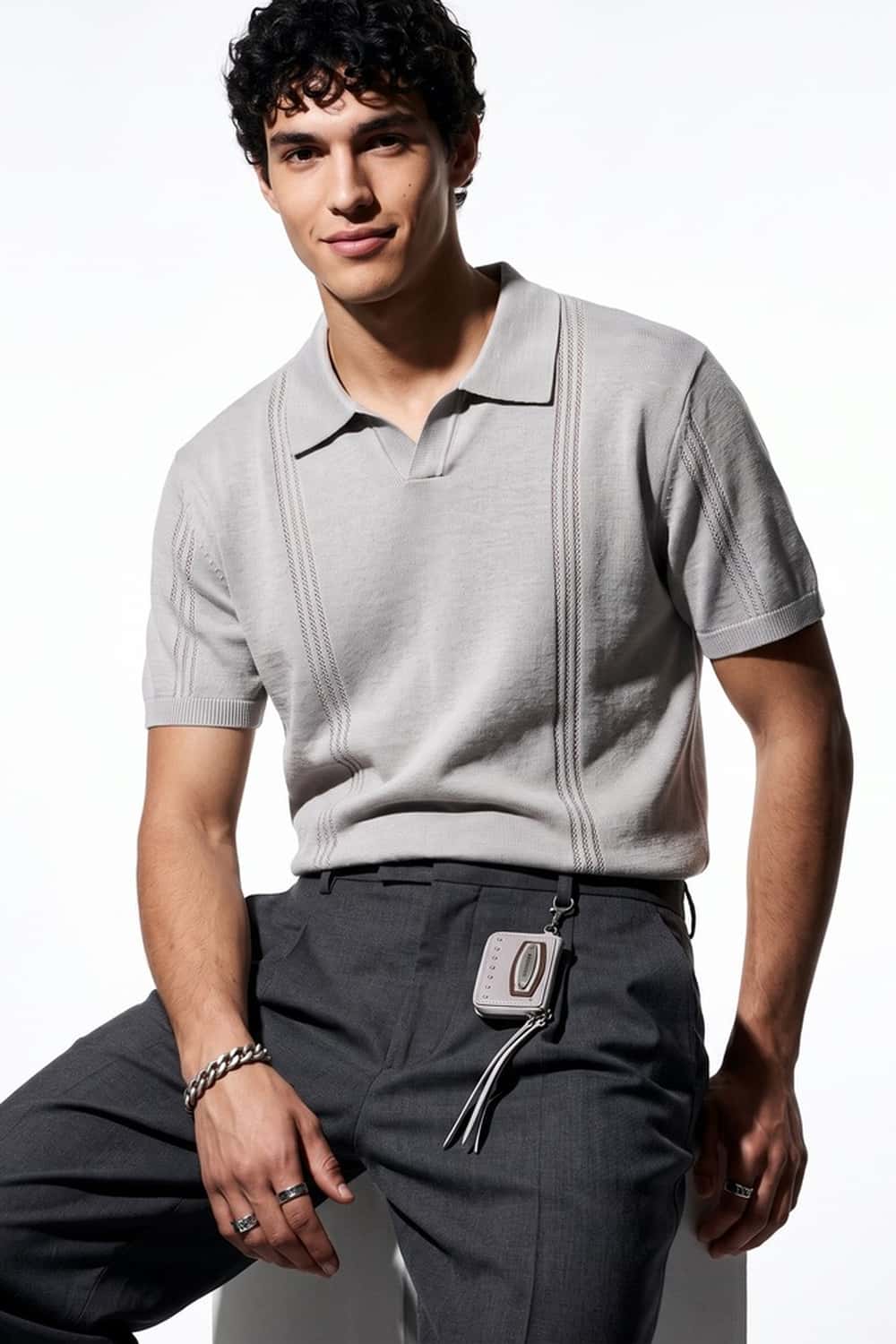 Open-Neck Knit Polo with Raised Stripes in Gray - full-length modeled view
