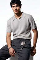 Open-Neck Knit Polo with Raised Stripes in Gray - full-length modeled view