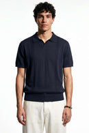 Open-Neck Knit Polo with Raised Stripes in Navy Blue - full-length front modeled view