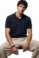 Open-Neck Knit Polo with Raised Stripes in Navy Blue - full-length front modeled view