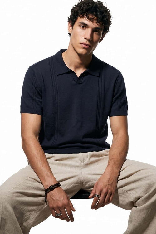 Open-Neck Knit Polo with Raised Stripes in Navy Blue - full-length front modeled view
