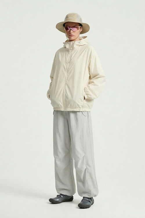 Waterproof Drawstring Trousers with Adjustable Hems in Khaki - full-length front modeled view
