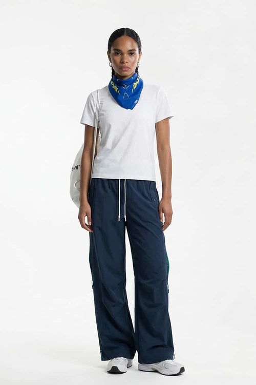 Waterproof Drawstring Trousers with Adjustable Hems in Navy Blue - full-length front modeled view