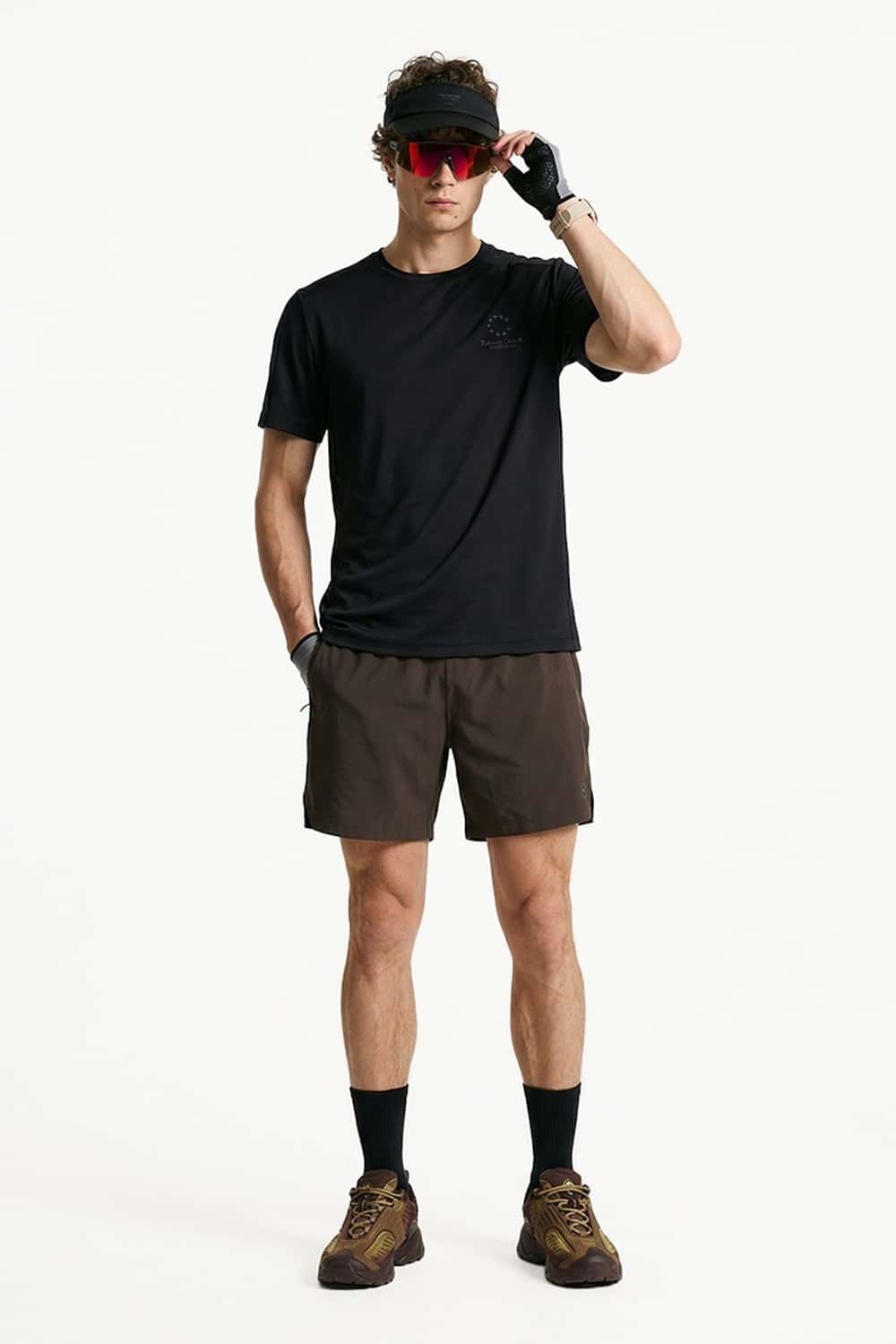Lightweight Star-Graphic Running T-Shirt in Black - full-length front modeled view
