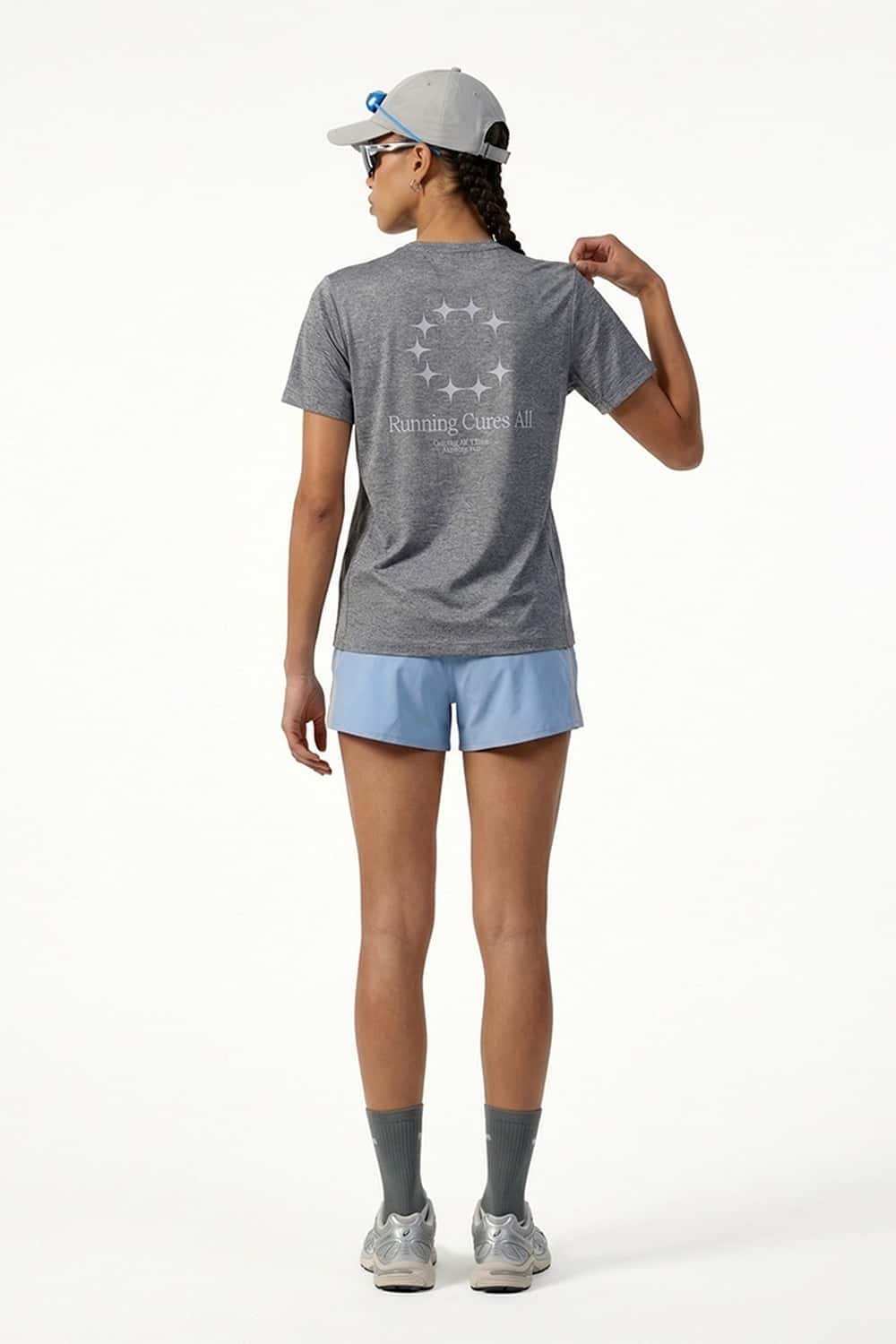 Lightweight Star-Graphic Running T-Shirt in Gray - full-length back modeled view